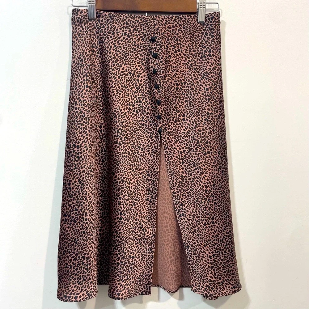 Victoria's Secret Leopard Print Satin Side Slit Modest Summer Midi Skirt Size S